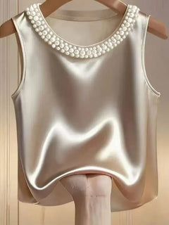Women’s Satin Sleeveless Top – Pearl Neck Elegant Blouse