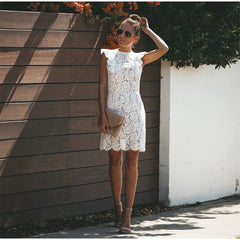 Elegant White Lace Sheath Dress – High Neck with Cap Sleeves