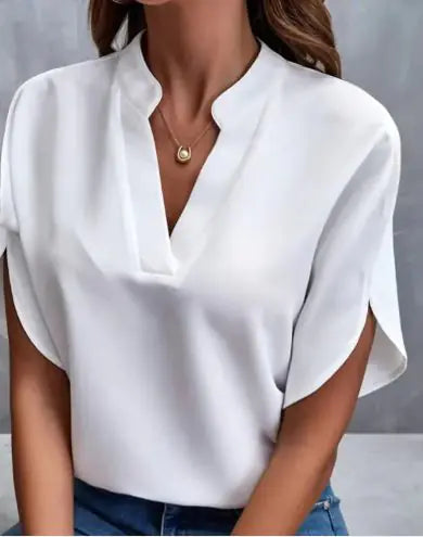 Timeless V-Neck Blouse – Short Sleeve Collage Stitching Top