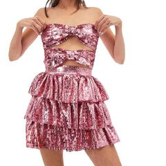 Sparkling Pink Sequin Strapless Mini Dress with Front Bows – Party & Clubwear