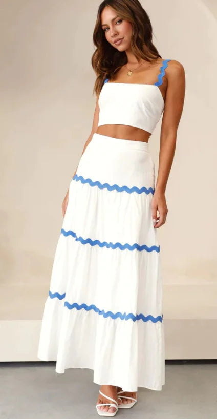 Boho Chic Two-Piece Set – Crop Top & Tiered Maxi Skirt