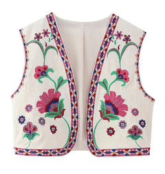 Embroidered Floral Vest with V-Neck