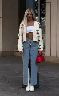 Knitted Cherry Cardigan – Off-White with 3D Cherries