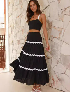 Boho Chic Two-Piece Set – Crop Top & Tiered Maxi Skirt