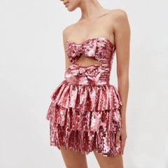 Sparkling Pink Sequin Strapless Mini Dress with Front Bows – Party & Clubwear