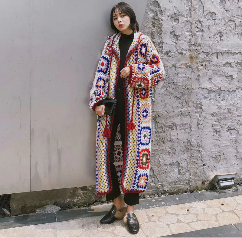 Handmade Crochet Hooded Sweater Coat for Women
