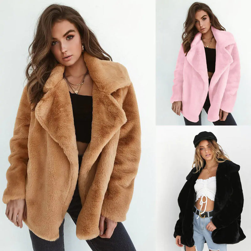 Soft Plush Faux Fur Coat – Cozy Open Front Winter Jacket