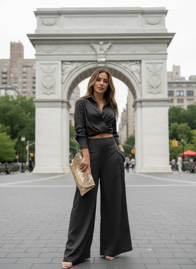 2-Piece Set with Draped Blouse & Wide-Leg Pants – Chic Women’s Loungewear