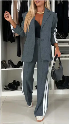 Sporty Chic Stripe Blazer Suit – Women’s Two-Piece Pants Set