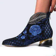 Vintage Leather Embroidered Chunky Heeled Ankle Boots