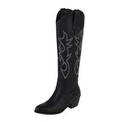 A pair of pink V cut western cowboy boots for women with pointed toes and chunky heels.