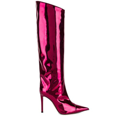 Shiny pink knee-high boot on a white background