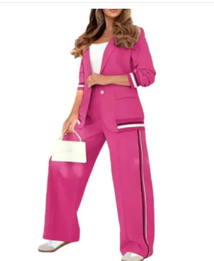 Women’s Two-Piece Wide-Leg Trousers & Blazer Set – Casual Chic Suit Style