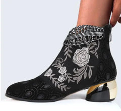 Vintage Leather Embroidered Chunky Heeled Ankle Boots