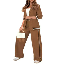 Women’s Two-Piece Wide-Leg Trousers & Blazer Set – Casual Chic Suit Style