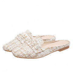 Chic Tweed Pearl-Embellished Slide Mule