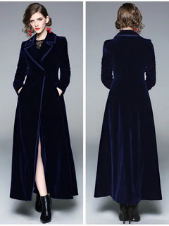 Navy blue velvet coat shown from front and back on a gray background