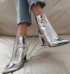 Shiny Leather Chunky Heel Pointed Toe Ankle Boots