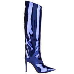 Blue patent leather knee-high boot on a white background