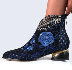 Vintage Leather Embroidered Chunky Heeled Ankle Boots