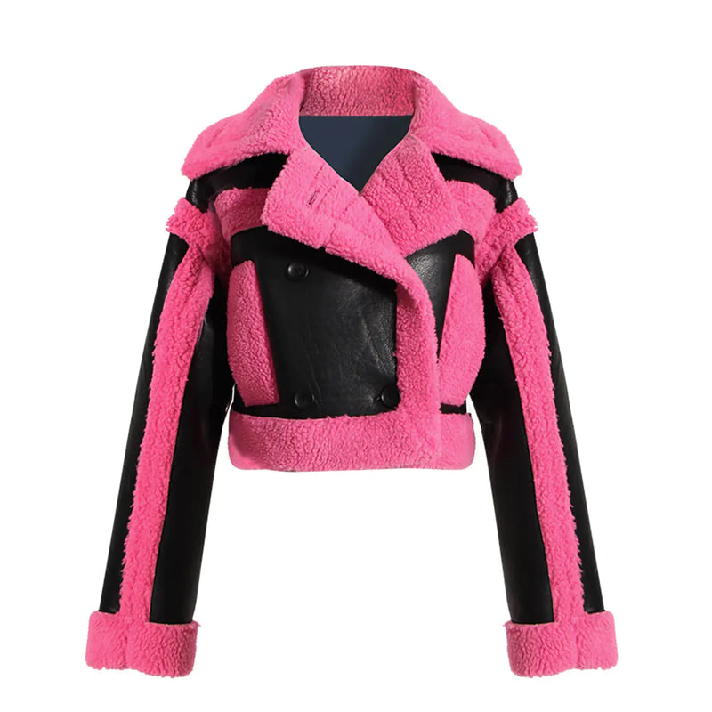 Pink Contrast Faux Fur Biker Jacket