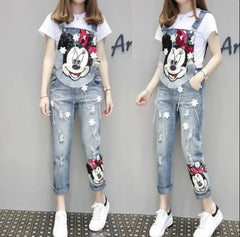Cartoon Denim Overalls with Sequin Minnie Design – Casual Cute Streetwear