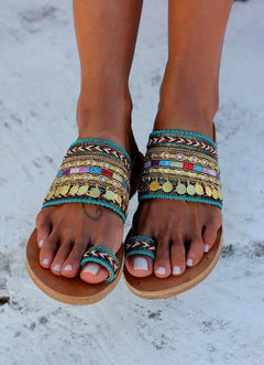 Ethnic Style Metal Flat Sandals for Women
