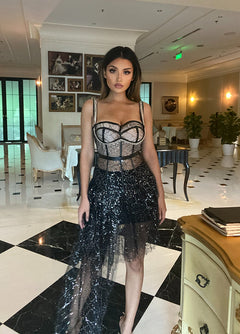 Luxe Black Corset Tulle Dress – Beaded Glamour with Sheer Detail