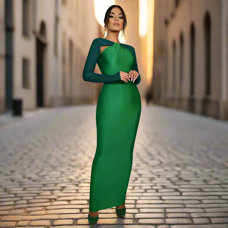 Women’s Long Bodycon Evening Dress with Textured Sleeves & Cutout Shoulders