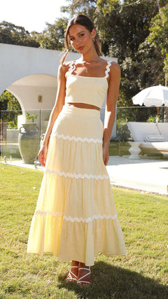 Boho Chic Two-Piece Set – Crop Top & Tiered Maxi Skirt