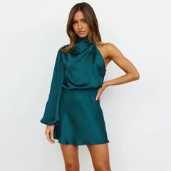 Asymmetrical Satin Mini Dress – One-Sleeve Halter Neck Elegance