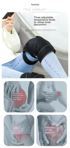 Knee brace with text on adjustable temperature levels to relieve knee discomfort, displayed against a white background.