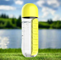 Clear water bottle with yellow cap and measurement markings on a white background