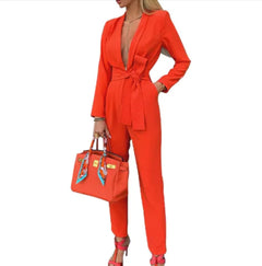 Tailored Deep V-Neck Jumpsuit – Long Sleeve Belted Power Look