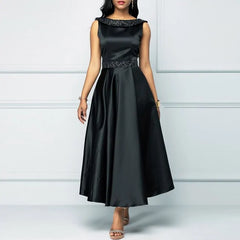 Elegant Vintage Satin Dress with Embroidered Collar and Waist – Sleeveless Evening Dress