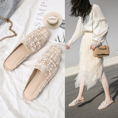 Chic Tweed Pearl-Embellished Slide Mule