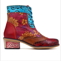 Retro Floral Leather Ankle Boots – Women’s Lace-Up Block Heel Boot