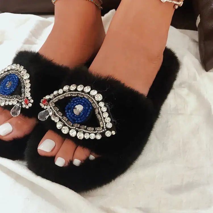 Chiara Eye Faux Fur Velvet Slippers