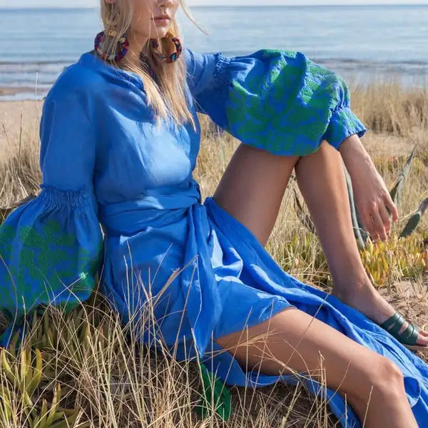 Embroidered V-Neck Boho Dress – Long Sleeve Cotton Beachwear