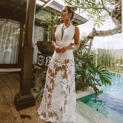 White Lace Beach Dress – V-Neck Cross-Back Sheer Cover-Up