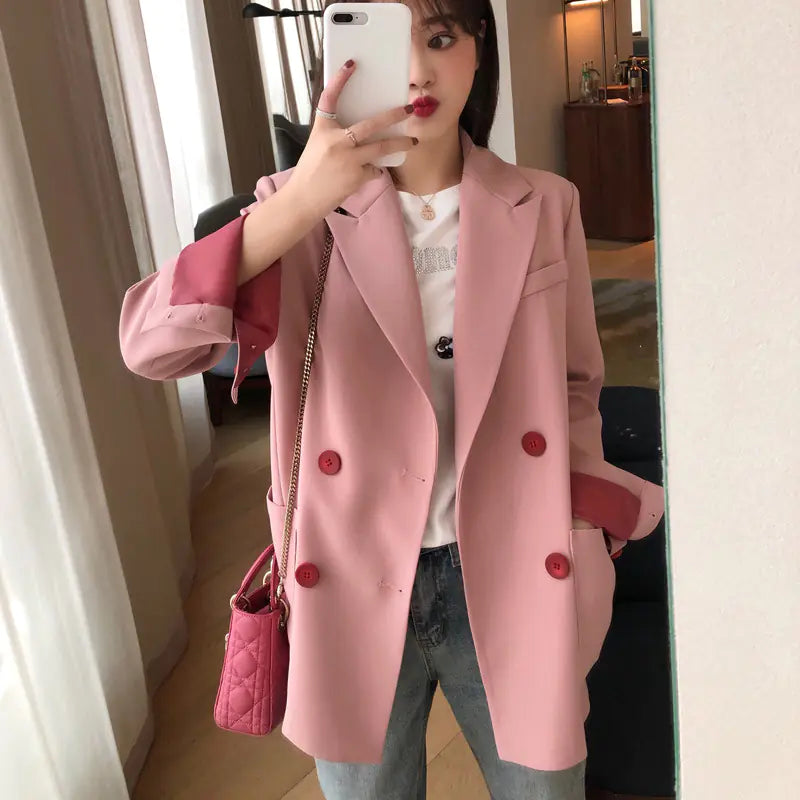 Gradient Button Pink Blazer & High-Waisted Skirt