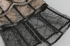 Luxe Black Corset Tulle Dress – Beaded Glamour with Sheer Detail
