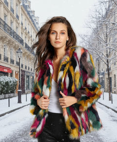 Woman wearing a multicolored fur coat on Paris Streets