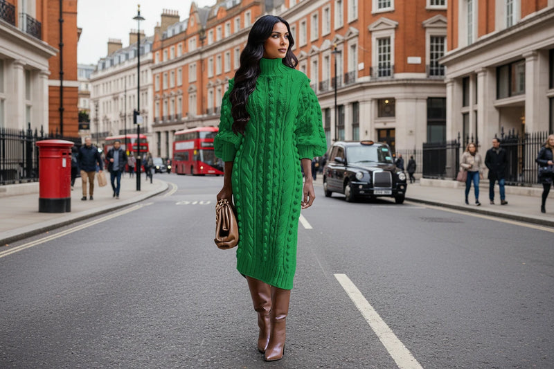 Person wearing a green cable knit dress on a white background