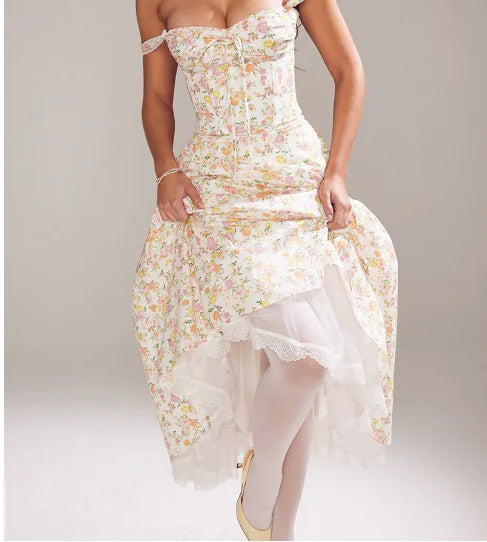 Valentina Lace Bustier Dress with Floral Print