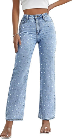 Pearl Embellished Jeans for Women - High Waisted Straight Leg Stretch Denim Pants with Faux Pearl Beaded Detail