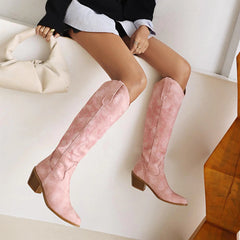 Western-Style Suede Knee Boots - Pointed Toe & Block Heel