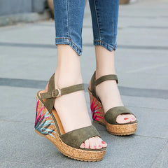 Embroidered Wedge Sandals - Summer