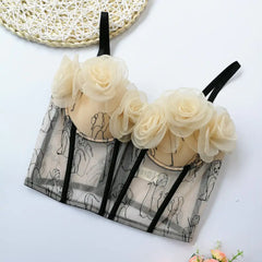 Floral Embroidered Sheer Tulle Corset Top – Romantic Mesh Bralette with 3D Roses