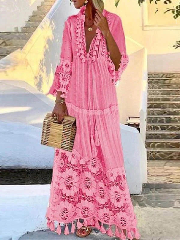 Boho Tassel Lace Maxi Dress – Embroidered Long Sleeve Beach Kaftan